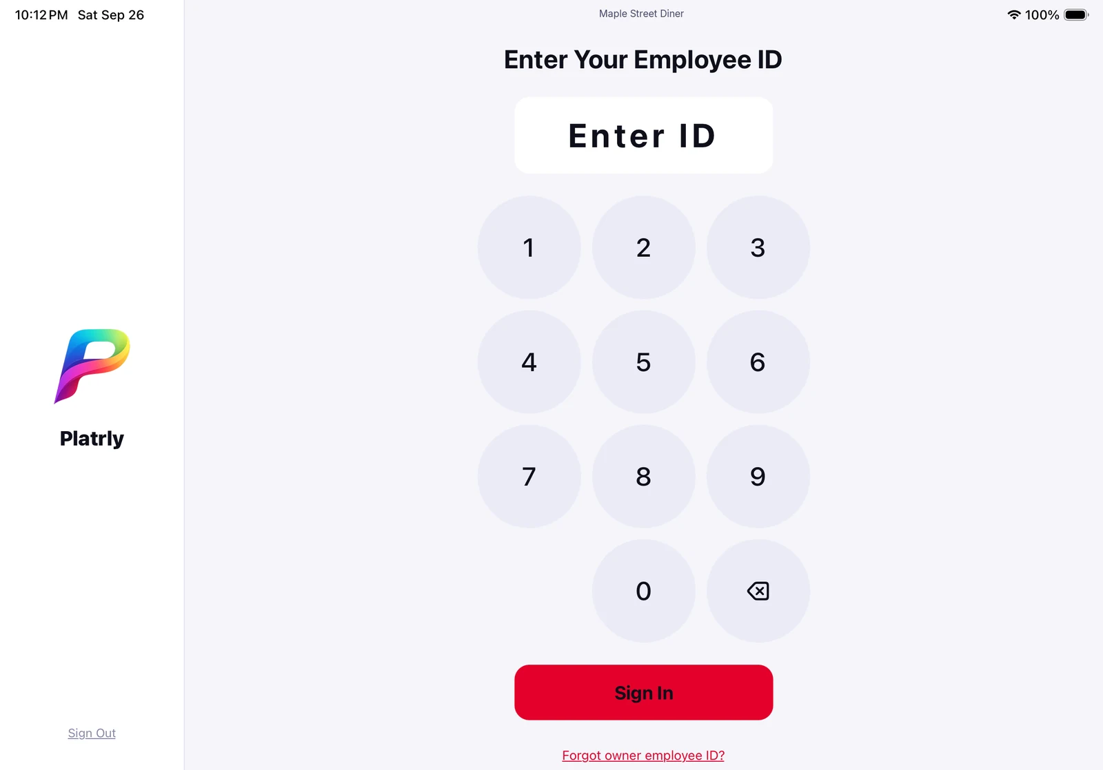 Platrly on an iPad: the kiosk keypad where team members enter their employee ID
